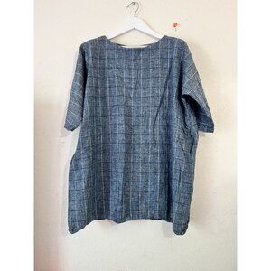Tancredi & Morgen Womens Blue Plaid Short Sleeve Tunic Top Relaxed Linen L/XL